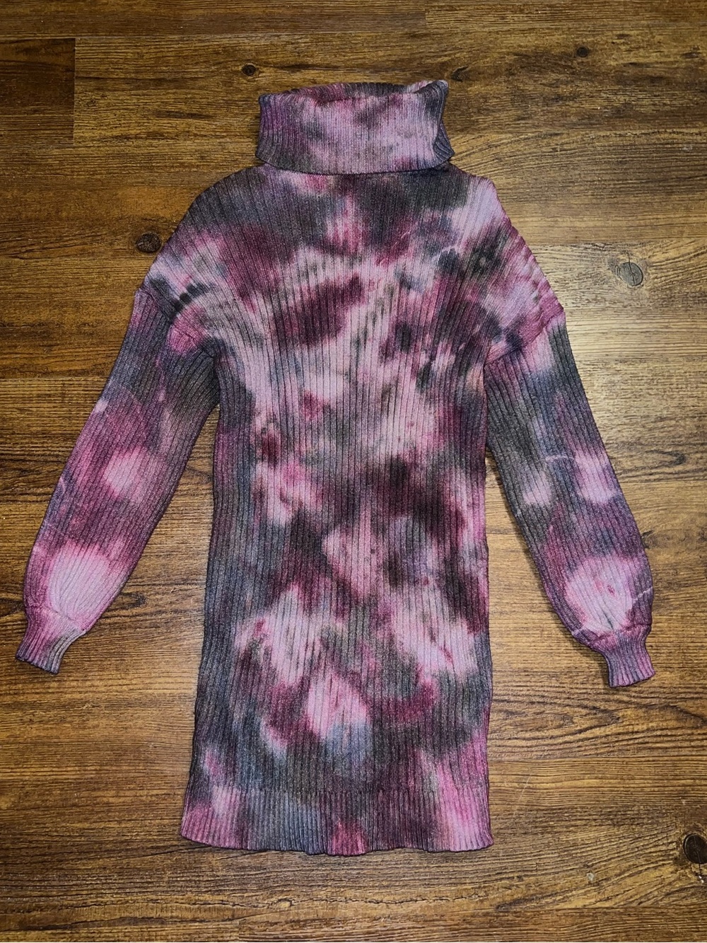 Knit Turtleneck Sweater Dress Custom Tie Dye Burgundy Gray Earthy Boho Size M